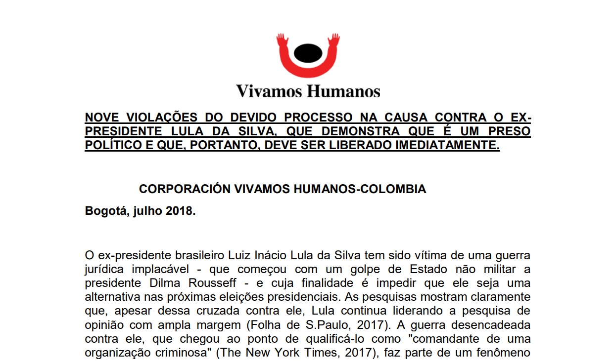 Organismo colombiano de Direitos Humanos denuncia prisão arbitrária de Lula