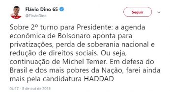 Flávio Dino, governador reeleito do Maranhão, declara apoio a Haddad no segundo turno