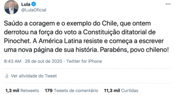 Lula saúda povo chileno por plebiscito que enterrou constituição de Pinochet