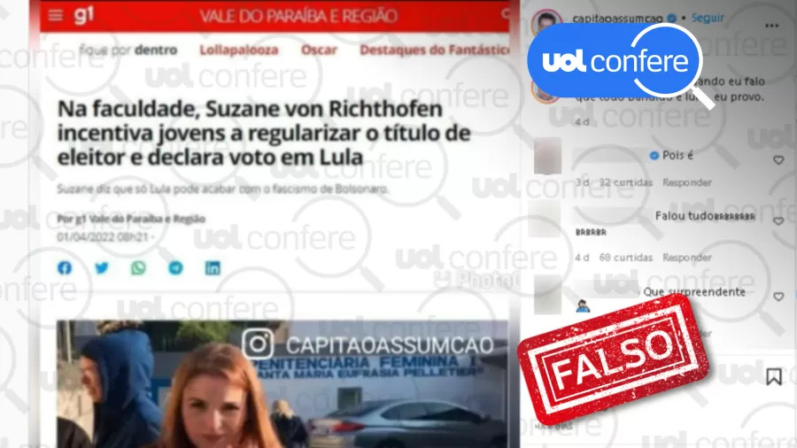 Montagem falsifica notícia para dizer que Suzane von Richtofen apoia Lula