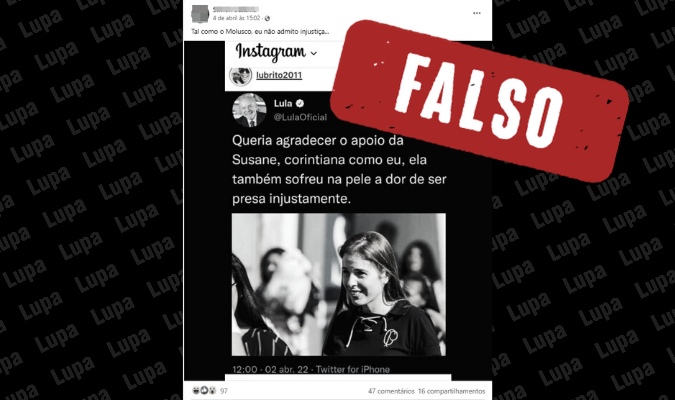 É montagem tuíte de Lula agradecendo apoio de Suzane von Richthofen