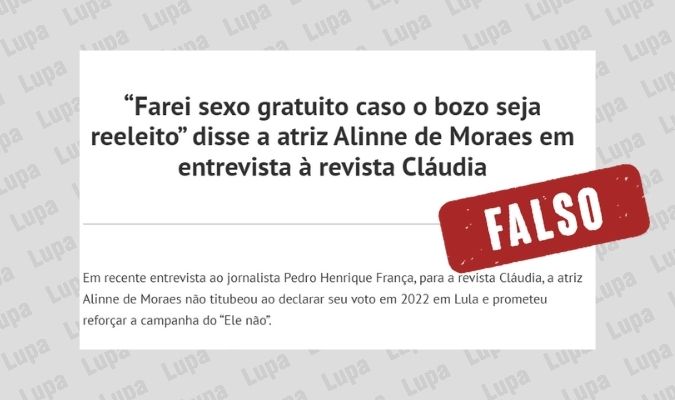 É falso que Alinne Moraes disse que fará ‘sexo gratuito’ caso Bolsonaro seja reeleito