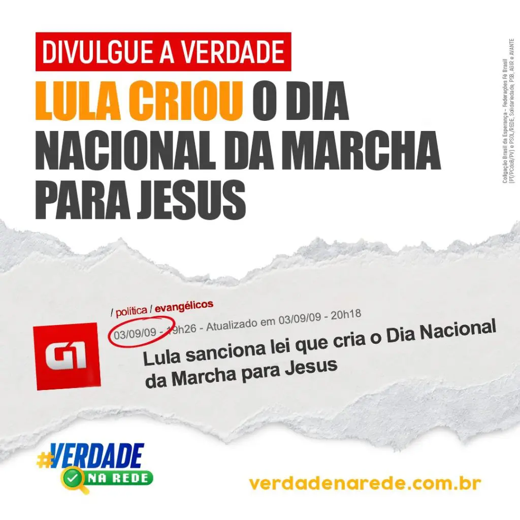 Divulgue a verdade: quem criou o Dia da Marcha para Jesus foi Lula. Ele garantiu liberdade religiosa para os brasileiros.