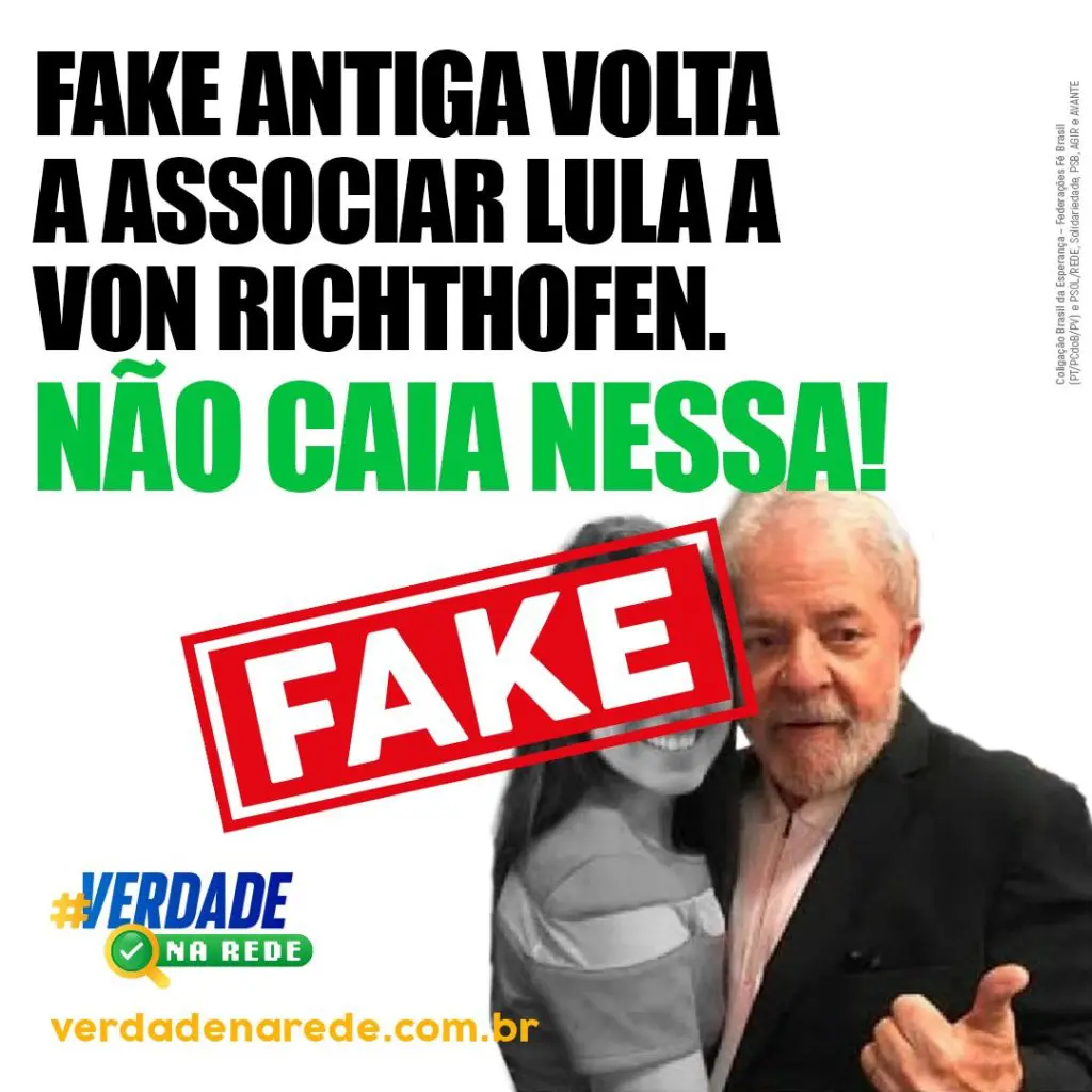 Não caia em mentira! A fake antiga, que maldosamente tenta ligar Lula a Suzane Von Richthofen, já foi desmentida e não merece sua atenção.