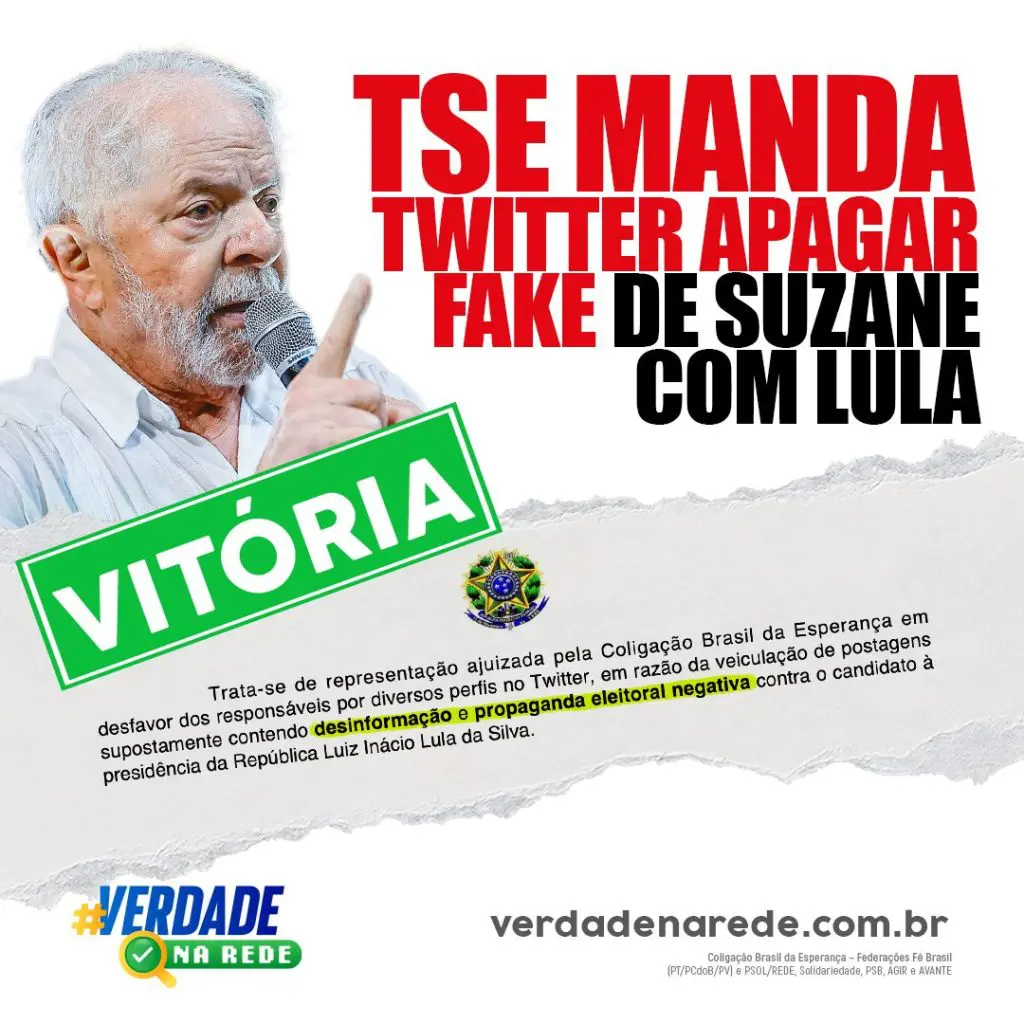 TSE manda Twitter apagar fake sobre Lula e Suzane