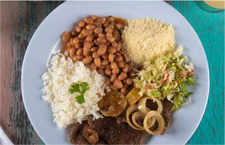 Prato com arroz, feijão, farofa, salada e carne servido em restaurante popular